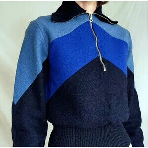 1930s Vintage Blue Wool Ski Sweater: Chevron Colorblock Quarter Zip, Womens XS
